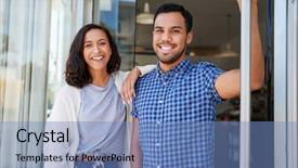  Presentation with coffee shop - Presentation design featuring woman owned business - mixed race couple outside background and a teal colored foreground