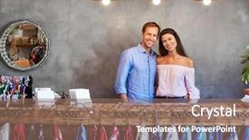  Presentation with cash - Audience pleasing presentation theme consisting of woman owned business - portrait of store owning couple backdrop and a coral colored foreground