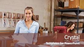  Presentation with distribution - Presentation design having woman packing orders for distribution background and a tawny brown colored foreground