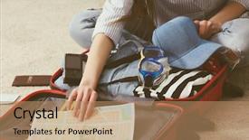  Presentation with suitcase - Colorful PPT theme enhanced with woman packing stuff into suitcase backdrop and a coral colored foreground