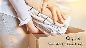  Presentation with packs - Audience pleasing presentation design consisting of woman-packs-discarded-old-clothes backdrop and a coral colored foreground