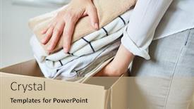  Presentation with old clothes - Colorful slide deck enhanced with woman-packs-old-clothes backdrop and a coral colored foreground