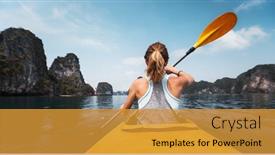  Presentation with vietnam - Presentation consisting of woman paddles kayak in the ha long bay in vietnam background and a gold colored foreground