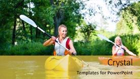  Presentation with village river forest - PPT theme consisting of woman paddling with canoe background and a yellow colored foreground