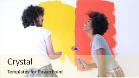  Presentation with young happy couple - Slide set with woman paint - happy young multiethnic couple painting background and a blonde colored foreground