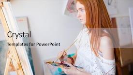  Presentation with long hair - Theme consisting of woman painter with long red background and a light gray colored foreground