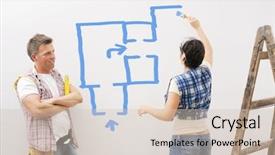  Presentation with improvement plan - Presentation theme consisting of woman painting new ground plan background and a  colored foreground