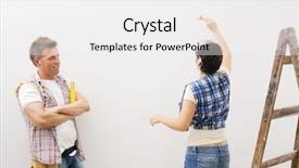  Presentation with spirit - Slides consisting of woman painting wall with brush man standing with arms folded holding spirit level smiling background and a white colored foreground