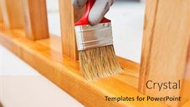  Presentation with brush - Cool new slide set with woman paints a varnish wooden backdrop and a yellow colored foreground