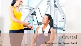  Presentation with water bottle - Presentation design with woman passing bottle of water to man at gym background and a coral colored foreground