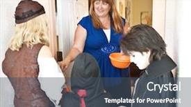  Presentation with halloween candy - Amazing PPT theme having woman passing out halloween candy backdrop and a ocean colored foreground