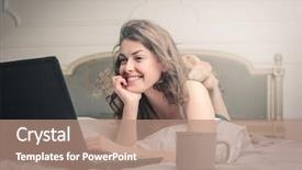  Presentation with coffe - PPT layouts with woman passing the time on her computer with a cup of coffe background and a coral colored foreground