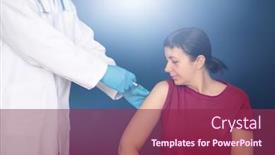  Presentation with covid vaccine - PPT theme featuring woman-patient-receiving-covid-19 background and a violet colored foreground