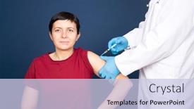  Presentation with covid vaccine - Beautiful slide deck featuring woman-patient-receiving-covid-19 backdrop and a light blue colored foreground