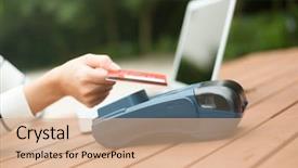  Presentation with pay - Beautiful slide deck featuring woman pay by credit card backdrop and a coral colored foreground