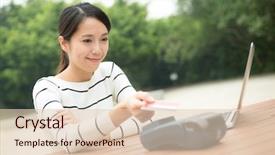  Presentation with credit card - PPT theme enhanced with woman pay by credit card background and a lemonade colored foreground