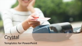  Presentation with pos - Beautiful presentation design featuring woman pay by mobile phone backdrop and a soft green colored foreground