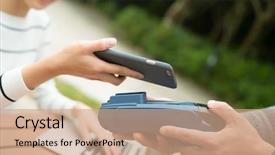  Presentation with pos - Cool new PPT theme with woman pay with mobile phone backdrop and a  colored foreground