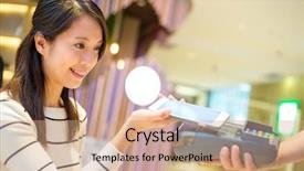  Presentation with nfc technology - PPT theme featuring woman pay with mobile phone background and a coral colored foreground