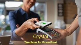  Presentation with contactless - Cool new slide deck with woman-paying-bill-through-smartphone backdrop and a tawny brown colored foreground