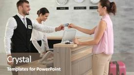  Presentation with hotel - Audience pleasing presentation theme consisting of woman paying for hotel room backdrop and a coral colored foreground