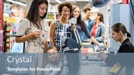  Presentation with grocery store - Beautiful PPT theme featuring woman-paying-with-a-smart backdrop and a seafoam green colored foreground