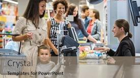  Presentation with grocery store - PPT theme having woman-paying-with-a-smart background and a coral colored foreground