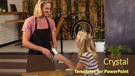  Presentation with payment - Slide deck enhanced with woman paying with mobile payment in the cafe background and a tawny brown colored foreground