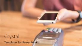  Presentation with nfc technology - Presentation theme consisting of woman paying with nfc technology by a smartphone background and a coral colored foreground