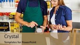  Presentation with nfc technology - PPT theme consisting of woman-paying-with-nfc-technology background and a coral colored foreground