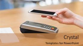  Presentation with nfc technology - Audience pleasing PPT theme consisting of woman paying with nfc technology backdrop and a coral colored foreground