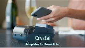  Presentation with pos - Presentation design with woman-pays-with-mobile-phone background and a ocean colored foreground