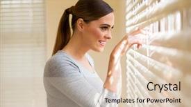  Presentation with blind - PPT layouts with woman peeking through window blind background and a soft green colored foreground