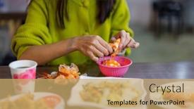  Presentation with shrimp - PPT theme with woman-peel-off-shrimp background and a coral colored foreground