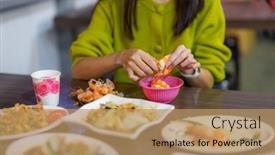  Presentation with shrimp - Slide deck having woman-peel-off-shrimp background and a coral colored foreground