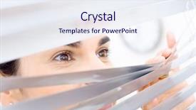  Presentation with blind - Colorful presentation design enhanced with woman peeping though window blinds backdrop and a sky blue colored foreground