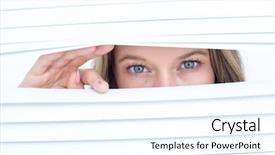  Presentation with blind - Theme with woman peering through roller blind background and a cool aqua colored foreground