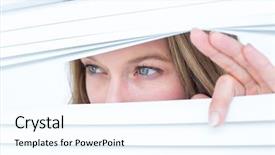  Presentation with blind - Audience pleasing theme consisting of woman peering through roller blind backdrop and a cool aqua colored foreground