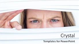  Presentation with blind - Cool new slides with woman peering through roller blind backdrop and a cool aqua colored foreground