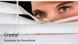  Presentation with guide dog helping blind woman - Beautiful presentation featuring woman peering through some blinds backdrop and a light gray colored foreground