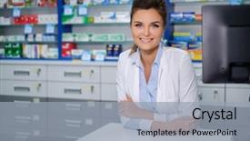  Presentation with young business woman smile show - Presentation theme with woman pharmacist standing in pharmacy background and a light gray colored foreground