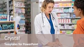  Presentation with druggist - Audience pleasing presentation theme consisting of woman-pharmacist-with-prescription-assisting backdrop and a gray colored foreground