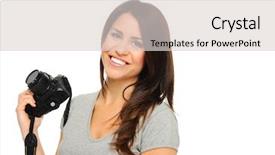  Presentation with white cctv camera on modern - Amazing PPT theme having woman photographer - attractive brunette holding and posing backdrop and a  colored foreground