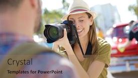  Presentation with miami - PPT theme enhanced with woman photographer taking picture of model in the street of miami background and a coral colored foreground