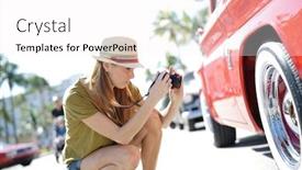  Presentation with old car - Audience pleasing PPT theme consisting of woman photographer taking pictures of old-fashioned car backdrop and a white colored foreground