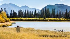  Presentation with fall mountains - Slide deck having woman-photographing-a-magnificent-lake background and a yellow colored foreground