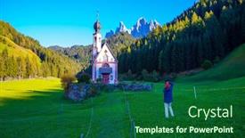  Presentation with powerful - Beautiful presentation design featuring woman-photographs-small-white-church backdrop and a forest green colored foreground