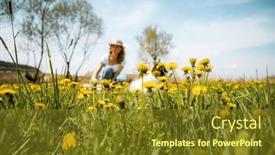  Presentation with dandelion - PPT theme having woman-picking-dandelion-flowers-wild background and a tawny brown colored foreground