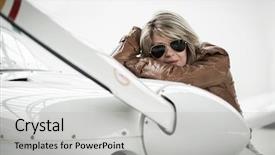  Presentation with airplane pilot - Beautiful presentation featuring woman pilot standing next backdrop and a light gray colored foreground