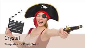  Presentation with pirate - Cool new PPT theme with woman pirate isolated on white backdrop and a coral colored foreground